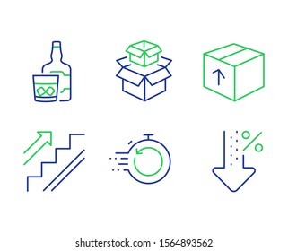 Package, Packing boxes and Stairs line icons set. Whiskey glass, Fast recovery and Low percent signs. Delivery pack, Delivery box, Stairway. Scotch drink. Business set. Vector