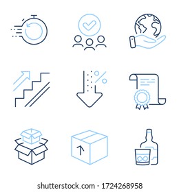 Package, Packing boxes and Stairs line icons set. Diploma certificate, save planet, group of people. Whiskey glass, Fast recovery and Low percent signs. Delivery pack, Delivery box, Stairway. Vector
