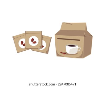 Package of paper bags with instant coffee powder, flat vector illustration isolated on white background. Ground coffee beans box. Equipment for making delicious caffeine drink.