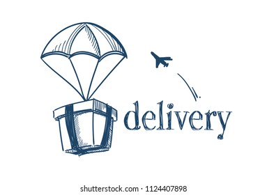 package with parachute fast delivery service concept free air shipping flying plane on white background sketch doodle vector illustration