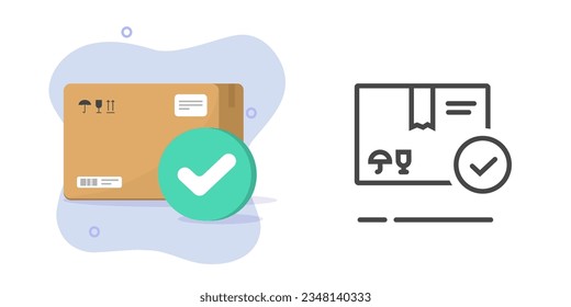 Package parcel box delivery check mark icon vector graphic illustration set, Order pack insurance tick, postal office quality control goods verify, packet line outline art simple pictogram safety  