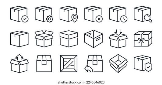 Package, parcel, box, delivery, distribution, import, export and return editable stroke outline flat icons set isolated on white background flat vector illustration. Pixel perfect. 64 x 64.