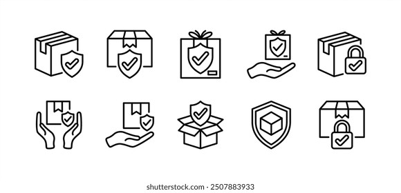 Paket-, Paket-, Geschenk- und Paketschutz-Dünnlinien-Icon-Set. Enthält sichere Lieferung, Karton mit Schild und Häkchen, Versand oder Versand Pflege Service, Versicherung. Vektorgrafik