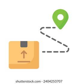 Parcela de paquete con pin de mapa que muestra el icono de concepto de ruta de entrega, vector de seguimiento de entrega