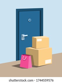 Package Parcel And Shopping Bag In Front Door, Symbol For Online Shopping Delivery And Awareness From Package Theft Concept In Cartoon Illustration Vector