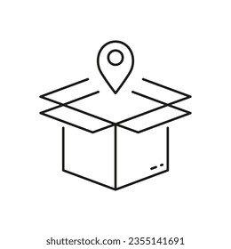 Package Pick Up Line Icon. Delivery Service Linear Pictogram. Order Location Outline Symbol. Pointer with Box, Shipping Sign. Receive Parcel Place. Editable Stroke. Isolated Vector Illustration.