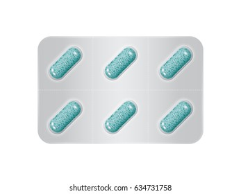 Package of pills. Group of realistic blue pharmaceutical drugs. Vector illustration.