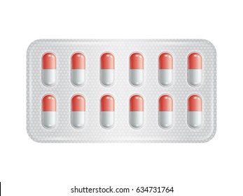 Package of pills. Group of realistic red pharmaceutical drugs. Vector illustration.
