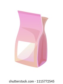 Package of pink color pets food with empty label on it, container with provender inside, vector illustration isolated on white background