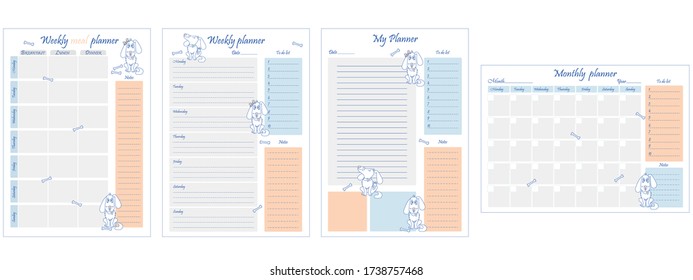 Package of planners: daily, weekly, monthly planner, food diary for the week, to-do list, goals, note template. Design and dogs. Business organizer. Vector illustration.