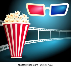 Package with popcorn on the blue background with curving film strip and 3d glasses