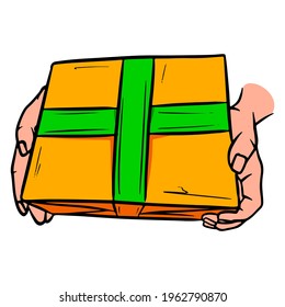 Package. Post office. Box in hand. Delivery. Cartoon style. Vector illustration for design and decoration.