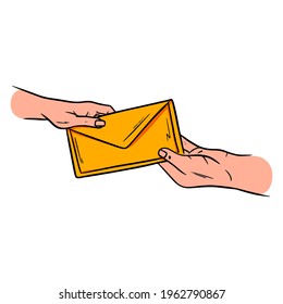Package. Post office. Envelope in hand. Delivery. Cartoon style. Vector illustration for design and decoration.