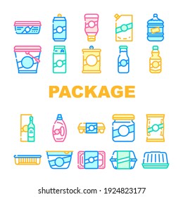 Package For Product Collection Icons Set Vector. Package For Ketchup And Mayonnaise, Milk And Oil Bottle, Container For Eggs And Canned Fish Concept Linear Pictograms. Contour Color Illustrations