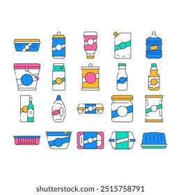 Paquete Para Iconos De Colección De Producto Conjunto De Vector. Paquete Para Ketchup Y Mayonesa, Leche Y Botella De Aceite, Contenedor Para Huevos Y Ilustraciones De Contorno De Color De Pescado En Conserva