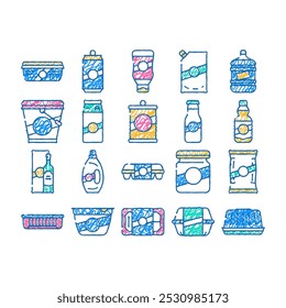 Paquete para el producto Iconos de doodle Set Vector Paquete de arte de línea de boceto para ketchup y mayonesa, botella de leche y aceite, recipiente para huevos y pescado enlatado Ilustraciones de color