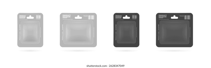 Package product pack with transparent plastic and cardboard blister design. Light and dark grey retail mockups for product display