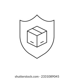 Package protection. Box and shield line icon isolated on white background. Vector illustration