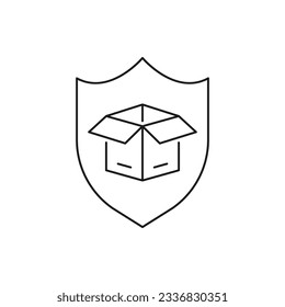 Package protection. Box and shield line icon isolated on white background. Vector illustration