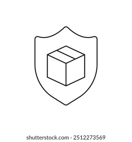 Package protection. Box and shield line icon isolated on white background. Vector illustration