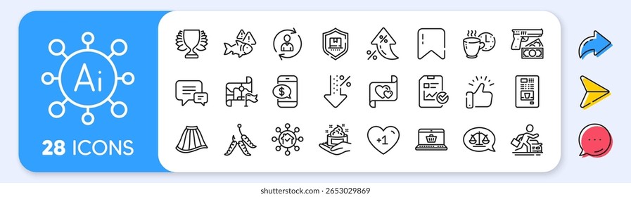 Package protection, Person info and Online shopping line icons. Interest rate, AI generate, Inflation icons. Pack of Low percent, Destination flag, Comment icon. Vector