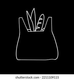 Un paquete con compras en la tienda. Icono con líneas negras sobre fondo blanco en estilo de caricatura. Doodle vectorial sobre el fondo de un punto de pintura.