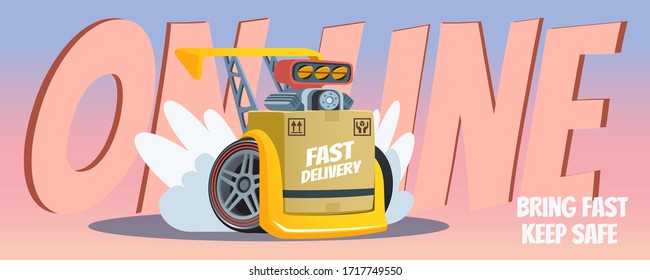 Package with racing wheels and motor on Pink and Blue background. Online delivery service concept. Webpage, app design. E-commerce concept. landing page, delivery website, banner.