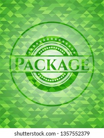 Package realistic green emblem. Mosaic background
