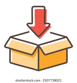 Package receiving icon. A visual representation of an open container with a downward arrow, symbolizing the concept of receiving a delivery.