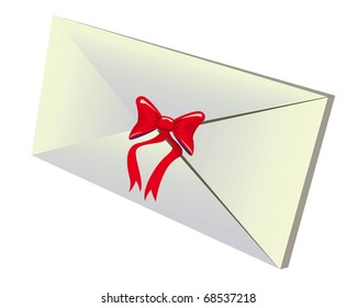 Package with a red bow on a white background