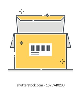 Package related color line vector icon, illustration. The icon is about box, tape, dimensions, space, protection. The composition is infinitely scalable.