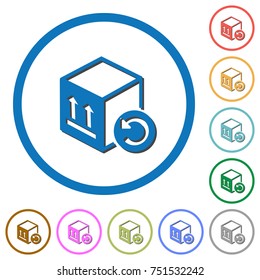 Package return flat color vector icons with shadows in round outlines on white background