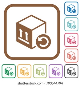 Package return simple icons in color rounded square frames on white background