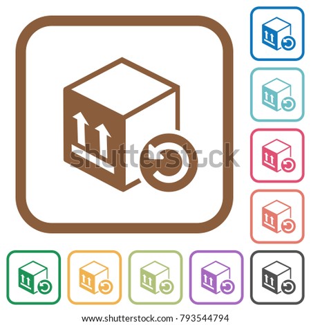 Package return simple icons in color rounded square frames on white background