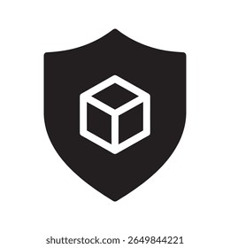 Package security shield icon representing delivery insurance protected shipping and safe cargo transport for logistics and supply chain safety vector solid glyph icon