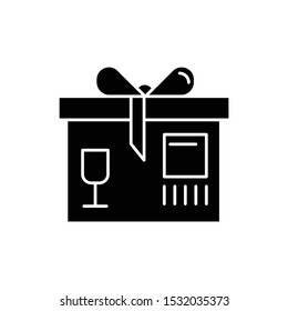 Package service glyph icon. Cardboard box with bow and fragile signs. Silhouette symbol. Negative space. Vector isolated illustration