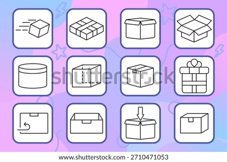Package set icon. Box, gift, parcel, return, shipping, tape, unboxing, delivery, product, present, wrap, logistics, container, move, send.