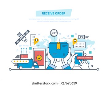 Package shipment, receive order, gps tracing. Delivery services concept. Shopping, buying, pick up point, hands holding box, technical support. Illustration thin line design of vector doodles.