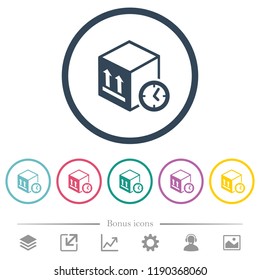 Package shipping time flat color icons in round outlines. 6 bonus icons included.