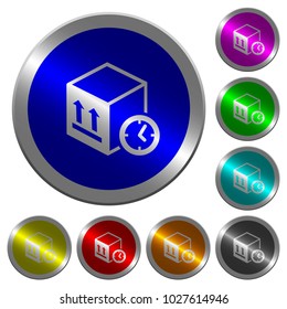 Package shipping time icons on round luminous coin-like color steel buttons