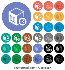 Package shipping time multi colored flat icons on round backgrounds. Included white, light and dark icon variations for hover and active status effects, and bonus shades on black backgounds.