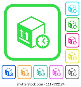 Package shipping time vivid colored flat icons in curved borders on white background