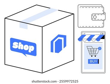 Package with shop label and wallet next to a smartphone showing a buy button and shopping cart. Ideal for online shopping, e-commerce, digital payments, mobile apps, and delivery services. Simple