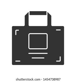 Package, shopping bag glyph icon. Handbag silhouette symbol. Negative space classic businessman briefcase, company worker diplomat. Corporate identity, branded merchandise vector isolated illustration