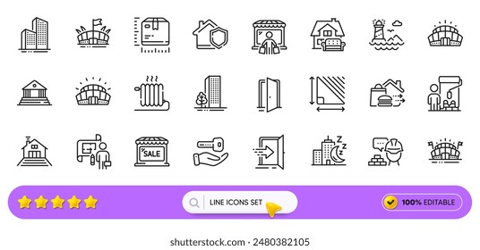 Package size, Buying house and Plan line icons for web app. Pack of Night city, Food delivery, Furniture moving pictogram icons. Open door, Radiator, Market buyer signs. Arena stadium. Vector