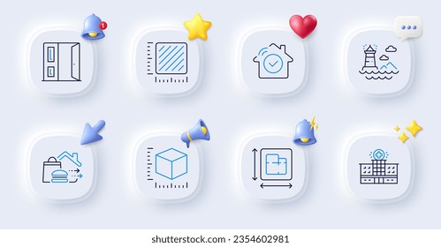 Package size, Hospital building and Lighthouse line icons. Buttons with 3d bell, chat speech, cursor. Pack of House security, Square meter, Open door icon. Floor plan, Food delivery pictogram. Vector