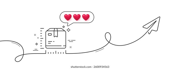 Package size line icon. Continuous line with share plane. box dimension sign. Parcel measurement symbol. Hearts rate review in speech bubble. Package size single line ribbon. Vector