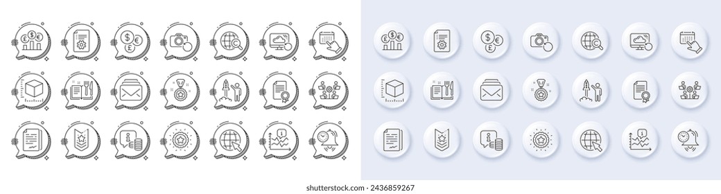 Package size, Time management and Teamwork line icons. White pin 3d buttons, chat bubbles icons. Pack of Currency rate, Info, Recipe book icon. Vector