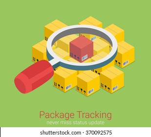 Package status place tracking flat 3d isometry isometric online order shipping business concept web vector illustration. Pile of yellow parcel box and magnifier. Creative people collection.