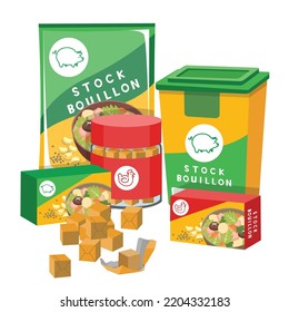 Paket aus Stock-Bouillon-Würfeln und Bachwürfel auf weißem Hintergrund